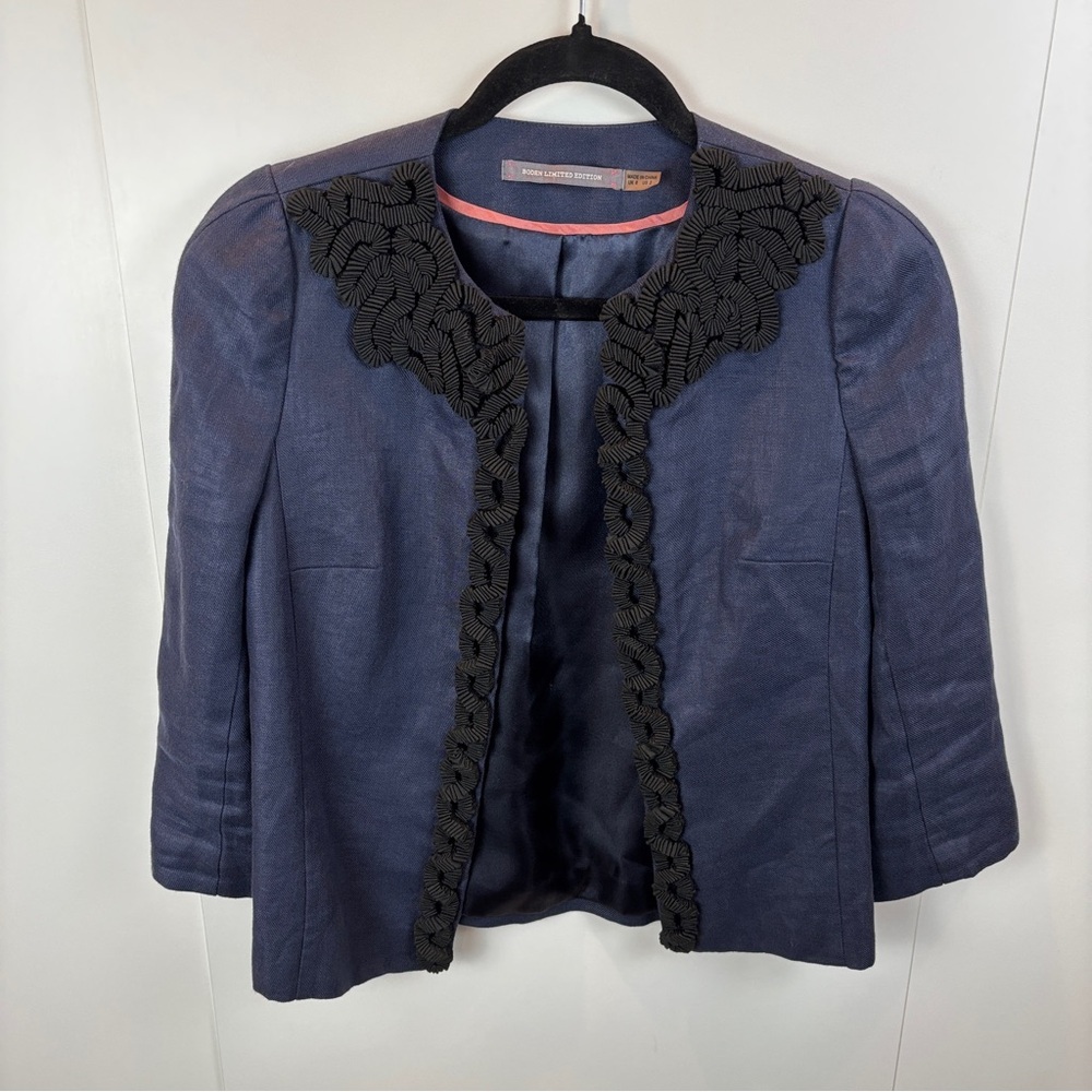 Boden Limited Edition Linen Navy Blue Blazer Black Ribbon Crinkle Detail sz 2